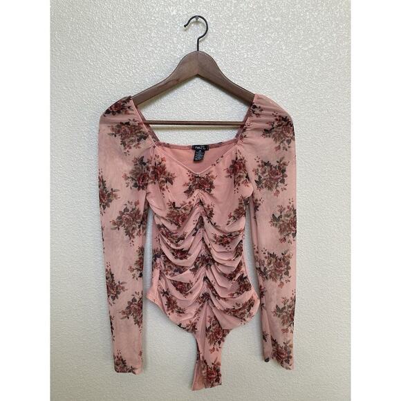Rue 21 floral mesh ruched bodysuit long sleeve pink boho festival medium sheer - Picture 1 of 5